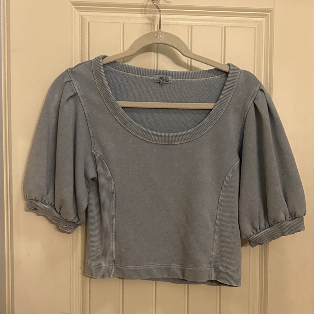 aerie XS oversized Dusty Blue Puff-Sleeve Scoop Neck Crop Top